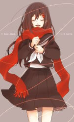 Rule 34 | 1girl, black sailor collar, black serafuku, black skirt, brown hair, closed eyes, english text, engrish text, enpera, eyelashes, facing viewer, floating scarf, fringe trim, grey background, hair between eyes, hair ornament, hairclip, hands on own chest, highres, kagerou project, long hair, long scarf, long sleeves, loss time memory (vocaloid), lyrics, mekakucity actors, neckerchief, open mouth, pleated skirt, ranguage, red scarf, sailor collar, scarf, school uniform, serafuku, simple background, skirt, solo, string, string of fate, tateyama ayano, teeth, upper teeth only, vocaloid, white neckerchief, yuu (4491049)