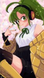 Rule 34 | 1girl, ahoge, black sleeves, black thighhighs, boots, chorvaqueen, green eyes, green hair, headphones, highres, jacket, looking at viewer, ponytail, smile, solo, sonika, sparkle, star (symbol), thighhighs, vocaloid, w, yellow footwear, yellow jacket