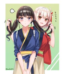 Rule 34 | ..., 2girls, artist name, black hair, blonde hair, blue kimono, blush, bob cut, commentary request, grabbing another&#039;s hair, green background, hair ribbon, highres, inoue takina, japanese clothes, kimono, lemon t, long hair, looking at viewer, lycoris recoil, multiple girls, nishikigi chisato, open mouth, purple eyes, red eyes, red kimono, red ribbon, ribbon, short hair, spoken ellipsis, translation request, twintails, twitter username, watermark