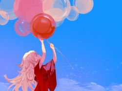 Rule 34 | arms up, balloon, blue background, child, cloud, day, haine (summertime render), highres, holding, holding balloon, japanese clothes, kimono, long hair, looking up, outdoors, procreate (medium), red kimono, solo, standing, summertime render, upper body, white hair, wide sleeves, yougehedaomu