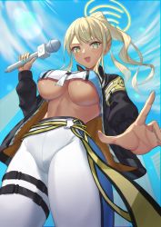Rule 34 | + +, 1girl, aqua eyes, blonde hair, blue archive, blue nails, blush, boku no edamame, breasts, cowboy shot, crop top, dark-skinned female, dark skin, from below, halo, highres, jacket, large breasts, lens flare, long hair, long sleeves, looking at viewer, microphone, nail polish, open clothes, open jacket, open mouth, palms, pants, ponytail, shinon (blue archive), sky, smile, solo, star-shaped pupils, star (symbol), symbol-shaped pupils, tan, underboob, wide hips, yellow halo