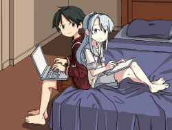 Rule 34 | 2girls, asymmetrical bangs, back-to-back, barefoot, bed, black hair, brown eyes, brown sailor collar, brown serafuku, brown shorts, commentary, computer, drawing tablet, english commentary, eromanga sensei, grey sailor collar, grey skirt, hairband, kantai collection, laptop, long hair, long sleeves, looking at viewer, mogami (kancolle), multiple girls, name connection, one-hour drawing challenge, pleated skirt, purple eyes, purple hairband, sagiri (kancolle), sailor collar, school uniform, serafuku, short hair, short sleeves, shorts, silver hair, sitting, sixten, skirt, stylus, swept bangs