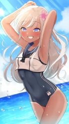 Rule 34 | 1girl, beach, blonde hair, blue eyes, blue sky, blush, breasts, cloud, cloudy sky, crop top, day, flower, hair flower, hair ornament, japanese flag, kantai collection, long hair, looking at viewer, ocean, one-piece swimsuit, one-piece tan, outdoors, ro-500 (kancolle), sailor collar, school swimsuit, school uniform, serafuku, sky, small breasts, smile, solo, swimsuit, swimsuit under clothes, tan, tanline, water, yomogi dango