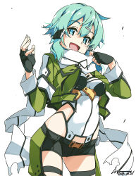 Rule 34 | 1girl, aqua eyes, aqua hair, black shorts, breasts, cropped jacket, fingerless gloves, gloves, gun, hair between eyes, hair ornament, hairclip, highres, holding, looking at viewer, medium breasts, open mouth, rifle, scarf, shikei, shiny skin, short hair, short shorts, shorts, sidelocks, simple background, sinon, smile, solo, standing, sword art online, weapon, white background