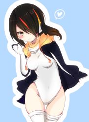 Rule 34 | 10s, 1girl, black hair, black jacket, brown eyes, covered navel, emperor penguin (kemono friends), hair over one eye, headphones, highleg, highleg leotard, highres, jacket, kemono friends, leotard, long hair, looking at viewer, merle (artist), multicolored hair, open clothes, smile, solo, thighhighs, waving, white leotard, white thighhighs