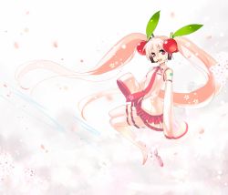 Rule 34 | 1girl, 4gb4tb, alternate color, alternate hair color, bad id, bad pixiv id, cherry, cherry blossoms, detached sleeves, female focus, food, fruit, full body, gradient background, hatsune miku, long hair, necktie, petals, pink eyes, pink hair, sakura miku, skirt, smile, solo, thighhighs, twintails, very long hair, vocaloid, white background, zettai ryouiki