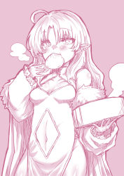 Rule 34 | 1girl, ahoge, arknights, arm up, bare shoulders, blush, breasts, closed mouth, clothing cutout, collarbone, commentary request, cowboy shot, detached sleeves, dress, ear piercing, food, food in mouth, food request, from below, fur-trimmed sleeves, fur trim, holding, long hair, long sleeves, looking at viewer, medium breasts, myrtle (arknights), navel cutout, parted bangs, piercing, pink theme, sidelocks, simple background, single bare shoulder, sleeveless, sleeveless dress, solo, standing, steam, yume (i think.)