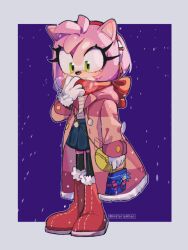 Rule 34 | 1girl, amy rose, animal ears, animal nose, boots, closed mouth, commentary, english commentary, full body, furry, furry female, gloves, green eyes, highres, historiaallen, red footwear, simple background, solo, sonic (series), standing, white gloves