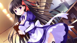 Rule 34 | 1girl, apron, back bow, black hair, blue skirt, bow, bowtie, breasts, cleavage, detached collar, dutch angle, floating hair, game cg, hair bow, highres, holding, ko~cha, large breasts, layered sleeves, long hair, long sleeves, manazuru kazuha, open mouth, purple bow, purple bowtie, purple eyes, red bow, short over long sleeves, short sleeves, side ponytail, skirt, solo, standing, underbust, very long hair, waist apron, white apron, white bow, wing collar, wizards complex