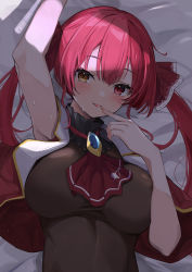 Rule 34 | 1girl, absurdres, anbasa (amaneyuz13), armpits, bed sheet, blush, breasts, commentary request, fingernails, hair ribbon, heterochromia, highres, hololive, houshou marine, large breasts, long hair, looking at viewer, lying, on back, red eyes, red hair, red neckwear, red ribbon, ribbon, saliva, solo, sweat, virtual youtuber, yellow eyes