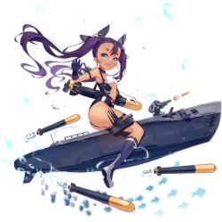 Rule 34 | 1girl, ass, azur lane, blue eyes, bluegill (azur lane), blush, boots, dango remi, dark skin, dark-skinned female, gloves, highres, long hair, looking at viewer, official art, open mouth, purple hair, short eyebrows, smile, solo, swimsuit, tan, thighhighs, thighs, torpedo, transparent background, twintails