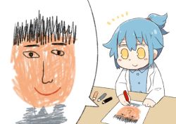 Rule 34 | &lt;o&gt; &lt;o&gt;, 1girl, blue hair, blue shirt, blush stickers, child&#039;s drawing, collared shirt, commentary request, crayon, drawing, elon musk, hair flaps, hair tie, lab coat, long sleeves, paper, personification, ponytail, shirt, sidelocks, smile, solo, table, tsukigi, twitter, twitter-san, twitter-san (character), yellow eyes