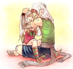 Rule 34 | 1boy, 1girl, blonde hair, breasts, brown hair, cleavage, closed eyes, fairy tail, leonstar, long hair, lucy heartfilia, natsu dragneel, open mouth, scarf, socks, spiked hair, striped clothes, striped legwear, striped socks, white scarf