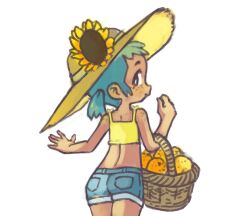 Rule 34 | 1girl, ass, basket, body freckles, closed mouth, cowboy shot, crop top, denim, denim shorts, female focus, flower, food, freckles, freckles on ass, from behind, fruit, hat, highres, holding, holding basket, looking at viewer, looking back, orange (fruit), original, profile, qtkat, shirt, short hair, short shorts, short twintails, shorts, sidelocks, simple background, sleeveless, sleeveless shirt, smile, solo, spaghetti strap, straw hat, sun hat, sunflower, thighs, twintails, white background, yellow shirt
