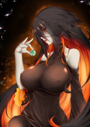 Rule 34 | 1girl, absurdres, bare shoulders, black hair, black hole, black sclera, blackhole-chan, blush, breasts, cigar cat, clothing cutout, collarbone, colored inner hair, colored sclera, colored skin, dress, earth (planet), covered erect nipples, giant, giantess, gradient hair, hair between eyes, highres, holding, holding planet, huge breasts, large breasts, long hair, long sleeves, looking at viewer, m87 black hole, multicolored hair, nail polish, open mouth, orange eyes, orange hair, orange nails, original, personification, planet, saturn (planet), shoulder cutout, solo, space, star (sky), star (symbol), taut clothes, taut dress, two-tone hair, very long hair, wide sleeves