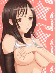 Rule 34 | 1990s (style), 1girl, :o, bad id, bad pixiv id, blush, breast hold, breast press, breasts, brown eyes, brown hair, clothes lift, covering privates, covering breasts, elbow gloves, final fantasy, final fantasy vii, gloves, highres, jirousuzume, large breasts, long hair, nipples, ominaeshi (shimapan), open mouth, retro artstyle, shirt lift, single elbow glove, single glove, solo, square enix, tachibana omina, tank top, tifa lockhart