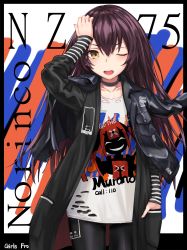 Rule 34 | 1girl, alternate costume, black choker, black coat, black hair, black jacket, black pants, blush, border, brown eyes, casual, character name, character print, choker, clothes writing, coat, collarbone, cz75 (girls&#039; frontline), girls&#039; frontline, hair between eyes, hand in pocket, hand on own head, highres, ivan wang, jacket, jacket on shoulders, long hair, long sleeves, looking at viewer, nz75 (girls&#039; frontline), one eye closed, open mouth, outside border, pants, shirt, sidelocks, solo, striped clothes, striped shirt, very long hair