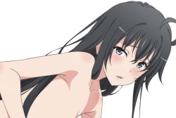 Rule 34 | 1girl, ahoge, black hair, blue eyes, blush, collarbone, commentary request, completely nude, hair ribbon, highres, long hair, looking at viewer, lower teeth only, nude, ribbon, shou937, sidelocks, simple background, solo, teeth, upper body, white background, yahari ore no seishun lovecome wa machigatteiru., yukinoshita yukino