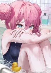Rule 34 | 1girl, absurdres, aqua eyes, bare shoulders, bath, blue one-piece swimsuit, blush, bocchi the rock!, breasts, double bun, gotoh hitori, hair between eyes, hair bun, ham99luv, highres, knees up, large breasts, looking at viewer, one-piece swimsuit, pink hair, rubber duck, shampoo bottle, solo, swimsuit, tile wall, tiles