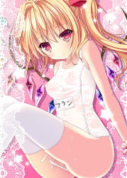 Rule 34 | 1girl, bare shoulders, blonde hair, blush, breasts, clothes pull, female focus, flandre scarlet, hair ribbon, kino (kino konomi), kino konomi, looking at viewer, nipples, no headwear, one-piece swimsuit pull, red eyes, ribbon, school swimsuit, see-through, short hair, side ponytail, solo, swimsuit, team shanghai alice, thighhighs, touhou, wet, wet clothes, wet swimsuit, white thighhighs, wings