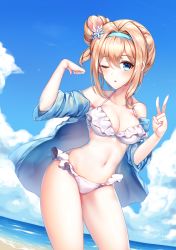 Rule 34 | 1girl, beach, bikini, blue eyes, blue sky, blush, breasts, cleavage, cloud, cloudy sky, contrapposto, cowboy shot, day, dutch angle, artistic error, frilled bikini, frills, girls&#039; frontline, hair between eyes, hair bun, hair intakes, hair ornament, hairband, hands up, highres, long hair, looking at viewer, medium breasts, navel, ocean, official alternate costume, one eye closed, outdoors, parted lips, side bun, sidelocks, single hair bun, single side bun, sky, snowflake hair ornament, solo, standing, suomi (girls&#039; frontline), suomi (midsummer pixie) (girls&#039; frontline), swimsuit, thighs, tsurime, v, white bikini, zerocat