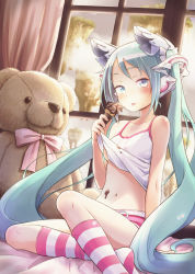 Rule 34 | 1girl, aqua hair, areola slip, bare shoulders, blue eyes, blush, collarbone, curtains, food, hair ornament, hatsune miku, highres, ice cream, kneehighs, kuinji 51go, long hair, looking at viewer, shorts, sitting, socks, solo, striped clothes, striped socks, stuffed animal, stuffed toy, sunlight, teddy bear, tongue, tongue out, twintails, very long hair, vocaloid, window