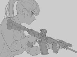 Rule 34 | 1girl, assault rifle, breasts, collared shirt, genso, gloves, grey background, greyscale, gun, holding, holding weapon, large breasts, m4 carbine, medium hair, monochrome, original, ponytail, rifle, shirt, simple background, solo, trigger discipline, upper body, virtual youtuber, weapon