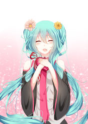 Rule 34 | 1girl, absurdres, blue hair, closed eyes, detached sleeves, flower, grey shirt, hair flower, hair ornament, hatsune miku, heart, highres, long hair, necktie, open mouth, own hands together, pink necktie, re:rin, shirt, solo, twintails, vocaloid