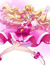 Rule 34 | 1girl, :d, absurdres, bad id, bad pixiv id, blonde hair, blue eyes, blush, boots, bow, choker, cure flora, dress, earrings, eyelashes, flower, flower earrings, frilled dress, frills, gloves, go! princess precure, gradient background, gradient hair, hair ornament, half updo, happy, haruno haruka, high heel boots, high heels, highres, jewelry, long hair, long legs, looking at viewer, magical girl, multicolored hair, open mouth, pink background, pink dress, pink hair, pink ribbon, pink theme, precure, puffy sleeves, ribbon, sharumon, smile, solo, streaked hair, tiara, two-tone hair, waist bow, white background, white gloves