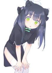 Rule 34 | 1girl, animal ear fluff, animal ears, black dress, black hair, blue archive, blunt bangs, china dress, chinese clothes, dress, green eyes, hands on own thighs, highres, kyuuri (miyako), leaning forward, long hair, looking at viewer, open mouth, short sleeves, shun (blue archive), shun (small) (blue archive), simple background, solo, thighhighs, thighs, tiger ears, tiger girl, two side up, white background, white thighhighs