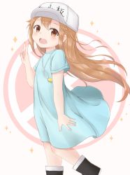 Rule 34 | 10s, 1girl, :d, arm at side, black footwear, blue shirt, blush, boots, brown eyes, brown hair, character name, clothes writing, commentary request, flat cap, grey hat, hair between eyes, hand up, hat, hataraku saibou, highres, long hair, minoshi, open mouth, platelet (hataraku saibou), round teeth, shirt, short sleeves, smile, solo, sparkle, standing, standing on one leg, teeth, upper teeth only, v, very long hair, whistle