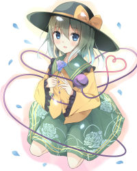 Rule 34 | 1girl, bad id, bad pixiv id, blue eyes, blue flower, blue rose, bow, floral print, flower, hachita (odangoya), hat, hat bow, heart, heart of string, highres, komeiji koishi, long sleeves, looking at viewer, odangoya, open mouth, petals, rose, shirt, silver hair, skirt, solo, third eye, touhou, wide sleeves