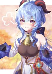 Rule 34 | 1girl, puff of air, ahoge, artist name, bare shoulders, bell, black gloves, blue hair, blush, bodystocking, breasts, chinese knot, cowbell, detached sleeves, flower knot, ganyu (genshin impact), genshin impact, gloves, goat horns, gold trim, highres, horns, kaname 24, leotard, leotard under clothes, long hair, looking at viewer, low ponytail, medium breasts, neck bell, pantyhose, purple eyes, sidelocks, solo, vision (genshin impact), white sleeves