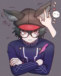 Rule 34 | 1boy, animal ears, animal hat, blue jacket, brown headwear, cabbie hat, closed mouth, commentary request, cropped torso, crossed arms, ear wiggle, fake animal ears, feathers, glasses, grey background, hat, heart, highres, jacket, long sleeves, looking at viewer, male focus, master detective archives: rain code, mufksin, petting, pov, pov hands, red-framed eyewear, red eyes, round eyewear, short hair, simple background, speech bubble, upper body, zilch alexander