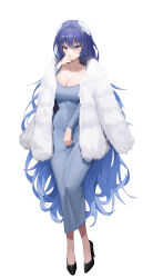 Rule 34 | 1girl, absurdres, black footwear, blue dress, blue eyes, blue hair, blush, breasts, cleavage, closed mouth, collarbone, commentary, commission, covered navel, dress, full body, fur jacket, hair between eyes, high heels, highres, jacket, jacket on shoulders, jupo, large breasts, long dress, long hair, looking at viewer, original, scoop neck, simple background, solo, taut clothes, taut dress, very long hair, white background