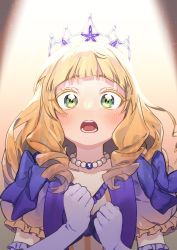 Rule 34 | 1girl, :o, blonde hair, blush, collarbone, commentary request, crown, dress, drill hair, elbow gloves, gloves, green eyes, heanna sumire, highres, jewelry, long hair, looking at viewer, love live!, love live! superstar!!, necklace, nonfiction!! (love live!), purple dress, purple gloves, solo, tsumujikaze74, upper body