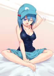 Rule 34 | 1girl, arm up, bad id, bad pixiv id, bare arms, barefoot, bed sheet, blue eyes, blue hair, blue hat, blush, breasts, cleavage, covered erect nipples, full body, hair between eyes, hair bobbles, hair ornament, hat, kawashiro nitori, large breasts, one eye closed, open mouth, scratching head, short hair, shorts, sitting, solo, tank top, tears, touhou, two-tone background, two side up, yawning, yonaga (masa07240)