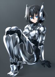 Rule 34 | 1girl, android, black hair, blue eyes, commentary request, commission, expressionless, grey background, hayabusa aoi, highres, joints, looking at viewer, original, robot girl, robot joints, short hair, signature, sitting, skeb commission, solo