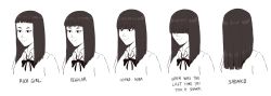 Rule 34 | 1girl, blunt bangs, bow, bowtie, collared shirt, english text, forehead, francisco mon, hair over eyes, hair over face, highres, long hair, monochrome, original, real life, shirt, smile