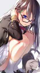 Rule 34 | 1girl, animal, black-framed eyewear, black footwear, black jacket, bow, bowtie, brown hair, cat, commentary request, copyright request, glasses, grey background, highres, jacket, long hair, long sleeves, looking at viewer, nilitsu, purple eyes, red bow, red bowtie, school uniform, shirt, shoes, skirt, socks, solo, squatting, white shirt, white skirt
