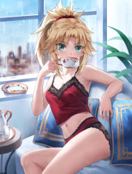 Rule 34 | 1girl, bare shoulders, blonde hair, braid, breasts, camisole, collarbone, commentary request, cup, drinking, fate/apocrypha, fate (series), french braid, green eyes, highres, lace trim, long hair, looking at viewer, midriff, mordred (fate), mordred (fate/apocrypha), navel, panties, parted bangs, ponytail, red camisole, red panties, sidelocks, small breasts, solo, teacup, tonee, underwear, underwear only
