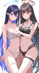 Rule 34 | 2girls, absurdres, ahoge, alternate costume, asymmetrical docking, bare arms, bare shoulders, black bra, black hair, black nails, black panties, blue archive, blue eyes, blue hair, blue halo, blush, bra, breast press, breasts, closed mouth, collarbone, colored inner hair, frilled panties, frills, glasses, hair between eyes, hair ornament, halo, highres, lace, lace-trimmed bra, lace trim, large breasts, lingerie, long hair, looking at viewer, multicolored hair, multiple girls, nail polish, navel, panties, parted lips, pointy ears, red eyes, rin (blue archive), rio (blue archive), sakasa. (sakasailst), simple background, stomach, thigh strap, thighs, underwear, underwear only, very long hair, white background, white bra, white panties, wings