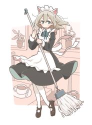 Rule 34 | 1girl, animal ears, apron, aqua bow, aqua bowtie, black footwear, blonde hair, blue eyes, blush, bow, bowtie, broom, clothes lift, cup, east sha2, fake animal ears, floating hair, highres, holding, holding broom, indoors, long sleeves, maid, maid apron, maid headdress, mary janes, original, pantyhose, plant, potted plant, shoes, skirt, skirt lift, solo, teacup, white pantyhose, wind, wind lift