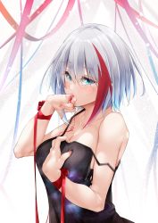 Rule 34 | 1girl, absurdres, admiral graf spee (azur lane), alternate costume, azur lane, babydoll, bare shoulders, black babydoll, blue eyes, blush, breasts, cleavage, collarbone, commentary request, finger to mouth, grey hair, highres, looking at viewer, multicolored hair, nail polish, oriue wato, red hair, red nails, red ribbon, ribbon, short hair, sidelocks, solo, spaghetti strap, strap slip, streaked hair, string, string of fate, wrist ribbon