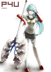 Rule 34 | 1girl, android, aqua hair, atlus, axe, bad id, bad pixiv id, battle axe, blue hair, elizax9x, headphones, huge weapon, joints, labrys (persona), long hair, persona, persona 4, persona 4: the ultimate in mayonaka arena, pleated skirt, ponytail, red eyes, robot joints, school uniform, skirt, solo, very long hair, weapon