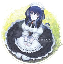 Rule 34 | 1girl, akizone, apron, au ra, warrior of light (ff14), black dress, blue eyes, blue hair, breasts, circle skirt, commentary, commission, dress, english commentary, final fantasy, final fantasy xiv, frills, from above, gloves, highres, horns, large breasts, looking at viewer, maid, maid headdress, original, puffy sleeves, sitting, smile, solo, white apron, white gloves, white legwear