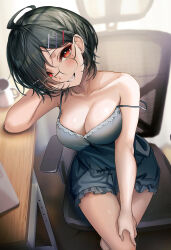Rule 34 | 1girl, black camisole, blush, breasts, camisole, cleavage, crossed legs, cup, ear piercing, glasses, hair ornament, hair over one eye, hairclip, highres, large breasts, looking at viewer, mole, mole under eye, mug, on chair, original, piercing, red eyes, short hair, shorts, sitting, smile, strap slip, yufou