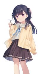 Rule 34 | 1girl, black hair, black ribbon, black skirt, blouse, blue ribbon, blunt bangs, blunt ends, cardigan, commentary, hair ribbon, hand up, highres, holding, holding own hair, jitome, long hair, looking at viewer, miniskirt, na-ga, open mouth, original, parted lips, pleated skirt, purple eyes, ribbon, ruffling hair, sailor collar, shirt, simple background, skirt, sleeves past wrists, solo, two side up, white background, white sailor collar, white shirt, yellow cardigan