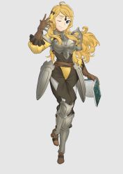 Rule 34 | 1girl, absurdres, ahoge, alternate costume, armor, blonde hair, blue eyes, book, breastplate, circlet, ebinku, fire emblem, fire emblem fates, full body, gloves, highres, holding, holding book, holding weapon, long hair, looking at viewer, nintendo, one eye closed, ophelia (fire emblem), weapon