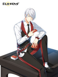 Rule 34 | 1boy, arm on knee, belt, black belt, black footwear, black necktie, black pants, black vest, bow, card, closed mouth, closers, collared shirt, copyright name, croupier, dress pants, dress shirt, dress shoes, foot out of frame, grey eyes, hair over one eye, highres, holding, holding card, j (closers), knee up, logo, long sleeves, looking at viewer, male focus, necktie, nervous, nervous sweating, official art, on table, pants, playing card, red bow, sanpaku, shirt, short hair, sitting, socks, solo, sweat, swept bangs, table, vest, waistcoat, white background, white hair, white shirt, white socks, wrist bow